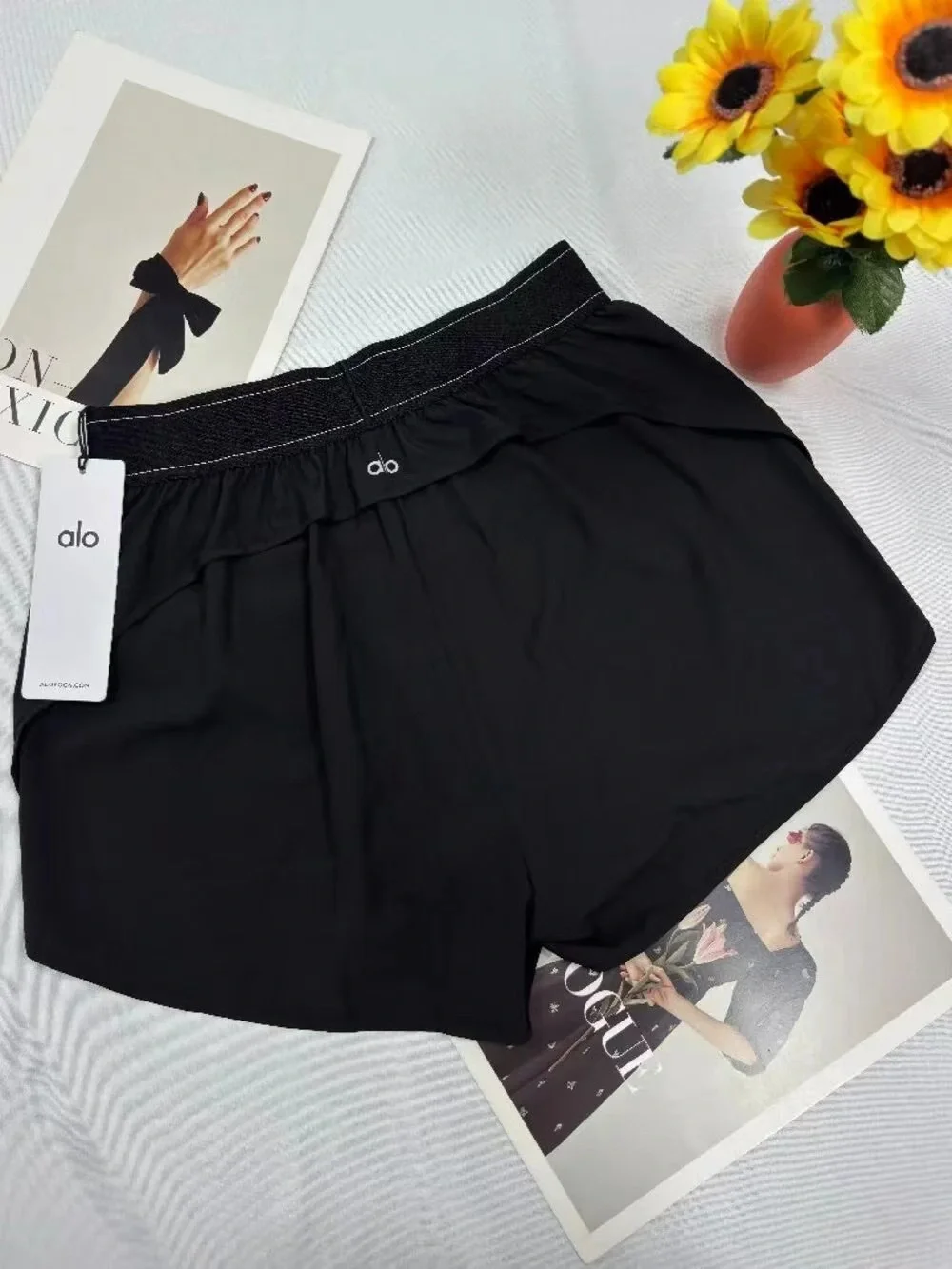 ALO Yoga Black Mini Skirt-Style Athletic Shorts with Logo Waistband